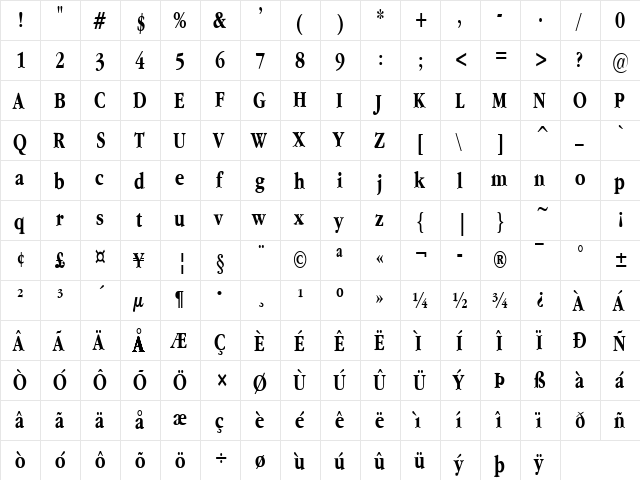 Garamand Condensed Bold  glyph index