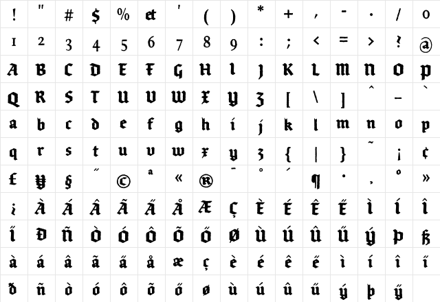 Brokenscript-BoldCondRough Regular  glyph index