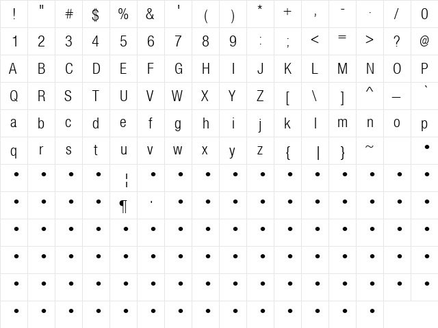 QTHelvetCnd-Light Regular  glyph index