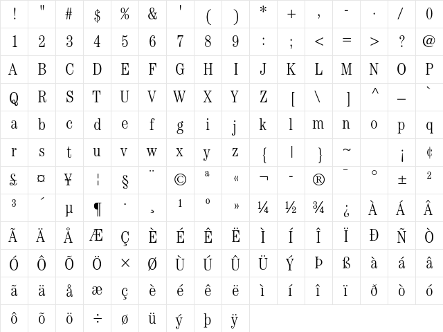 ITC Century Std Light Condensed  glyph index