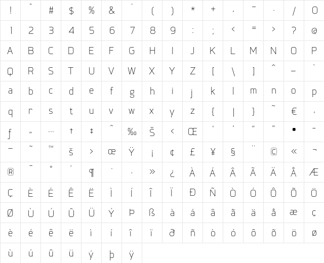 Coupe-Thin Regular  glyph index