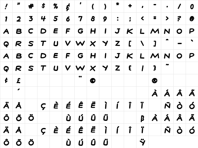 StanLee Bold  glyph index