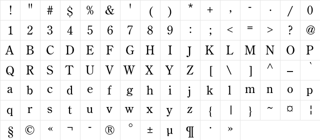 AGCenturionC Regular  glyph index