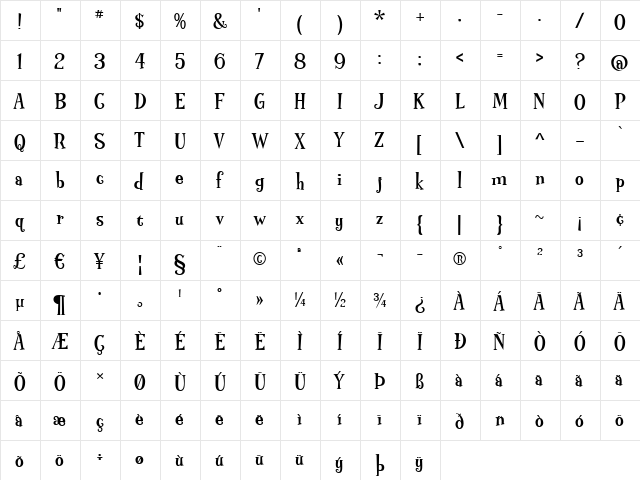 Pink Martini Bold Regular  glyph index