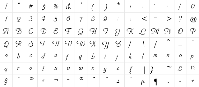 HeinrichScript Regular  glyph index