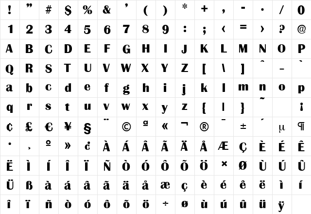 GrenobleSerial-Xbold Regular  glyph index