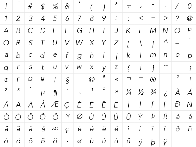 ExpoLightSSK Italic  glyph index