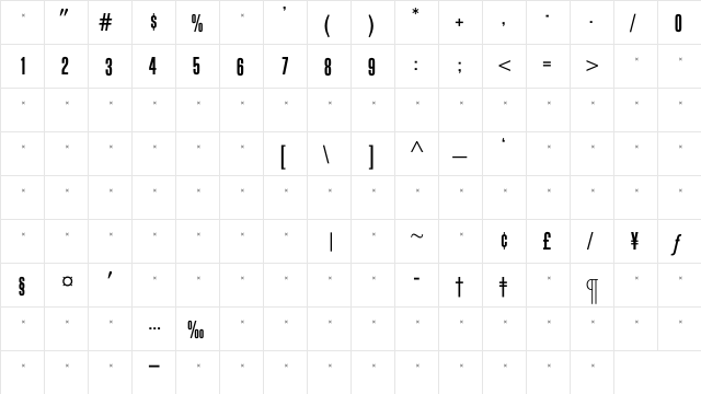 BlockGothicDemiExtraCondTab Regular  glyph index
