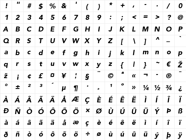 Avenir LT 65 Medium BoldItalic  glyph index