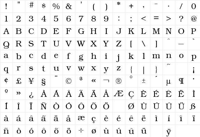 Bookman Light Regular  glyph index