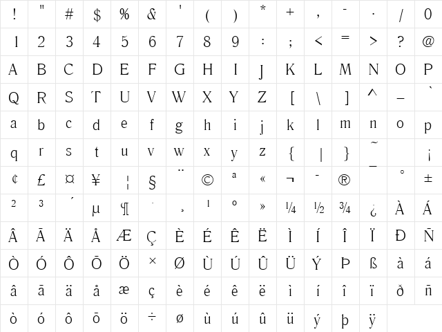 RomanaTLig Regular  glyph index