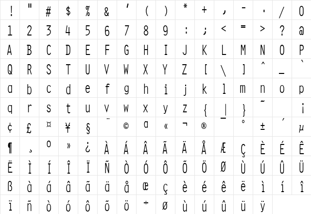 Clean Condensed Normal  glyph index