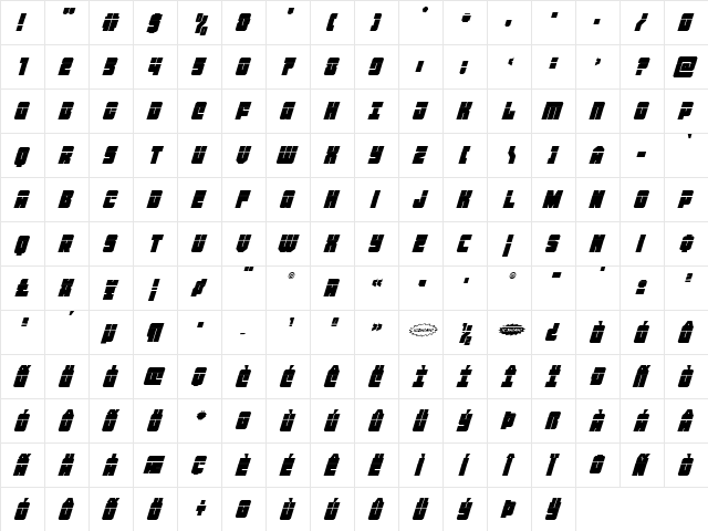 Homebase Laser Super-Italic Regular  glyph index