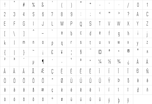 Nesobrite Condensed Light  glyph index