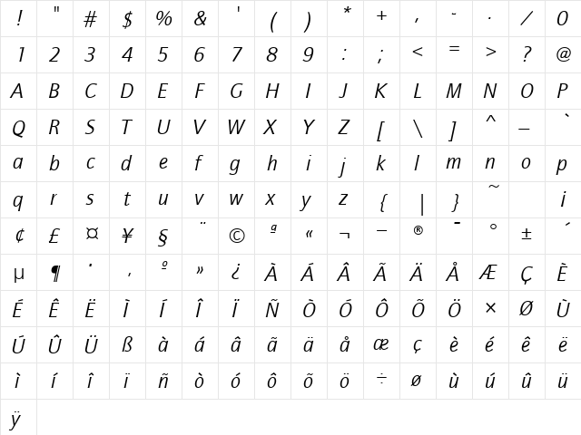 QuaySansITCTT BookItalic  glyph index
