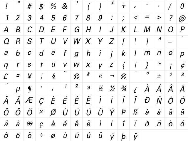 Beetham Oblique  glyph index