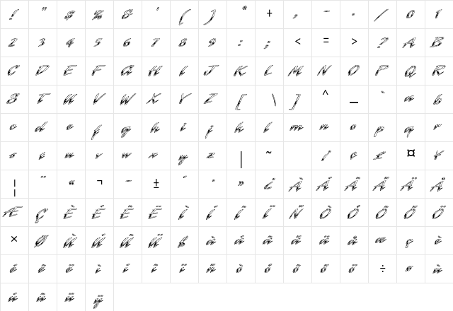 Laser Chrome Std Regular  glyph index