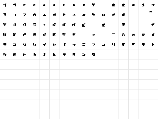 R.P.G. KATAKANA Regular  glyph index