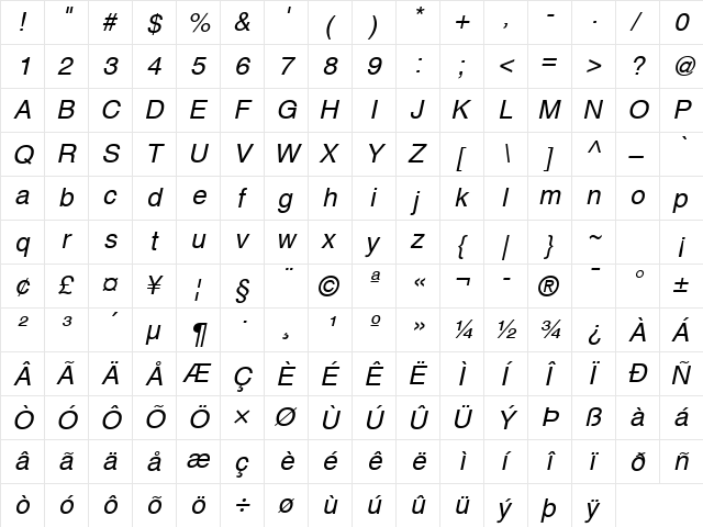 Helvetica Oblique  glyph index