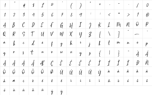 WestayScript Regular  glyph index