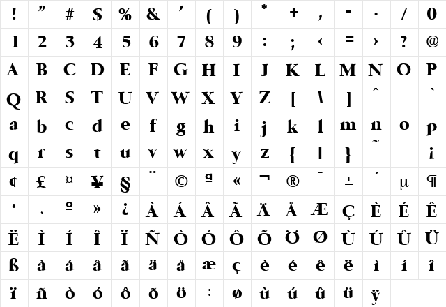Belfast-Serial-ExtraBold Regular  glyph index