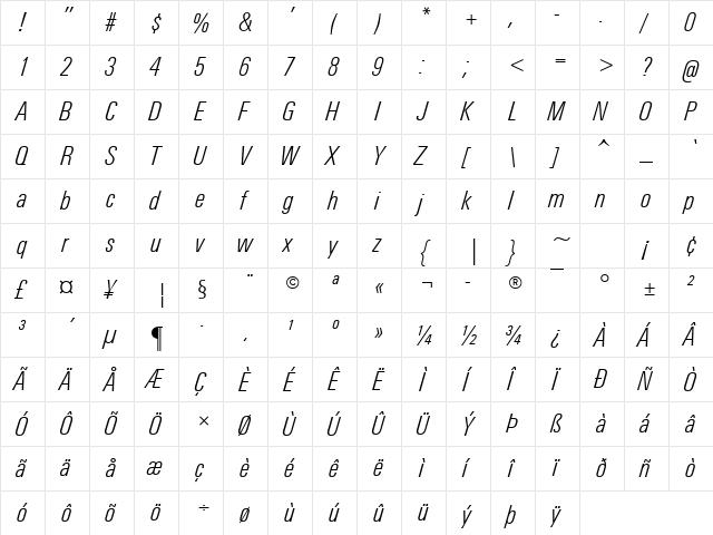 Univers Light Condensed Italic  glyph index