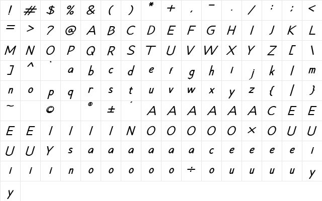 Hansville Bold Italic  glyph index