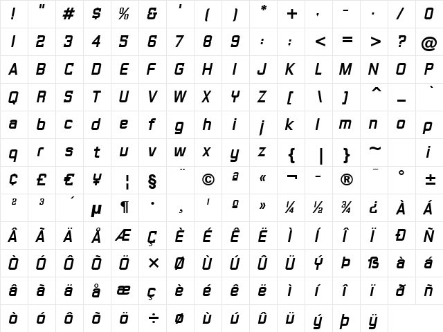 Gasoline Sans BTN BoldOblique  glyph index