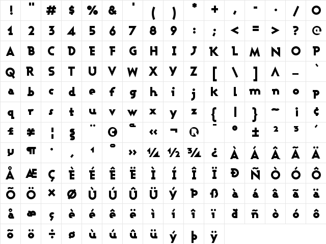 Ashby Black Regular  glyph index