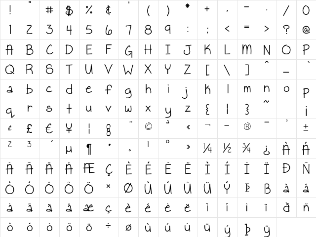 Jenn Pen Regular  glyph index