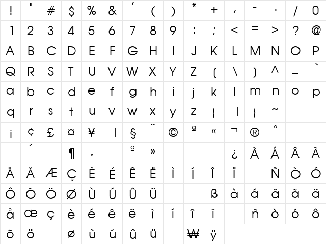 Avanti Regular  glyph index