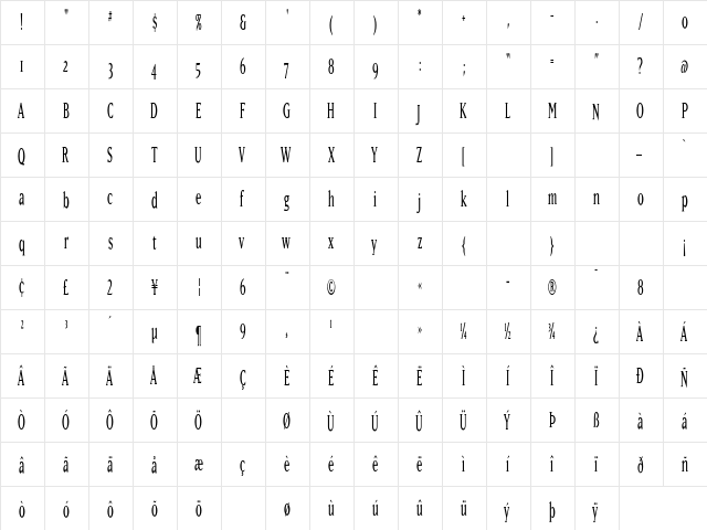 Matrix-Narrow Roman  glyph index