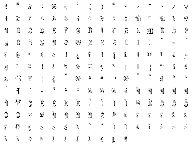 Baldur Shadow Regular  glyph index