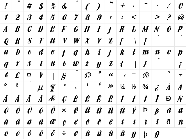 Broach BoldItalic  glyph index