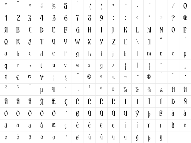 Ambrosia Bold  glyph index