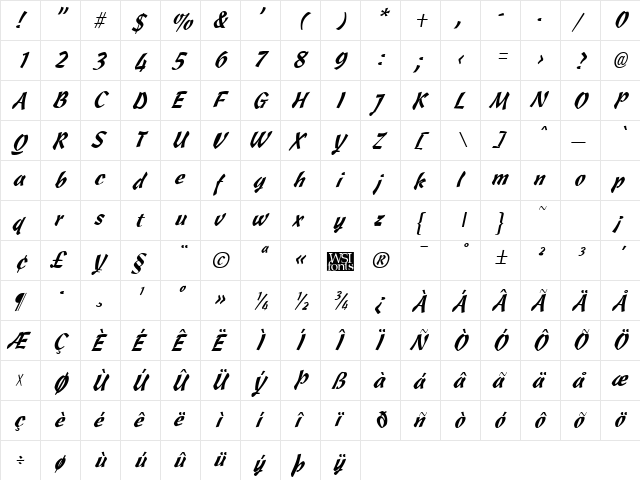 Cassia Italic  glyph index