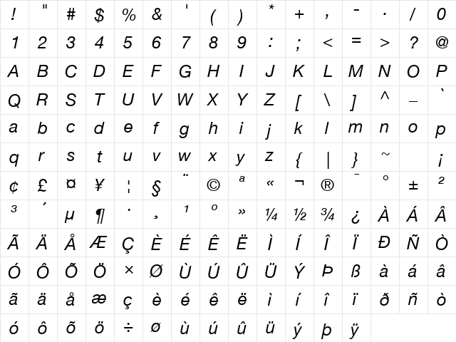 Helvetica Neue Italic  glyph index