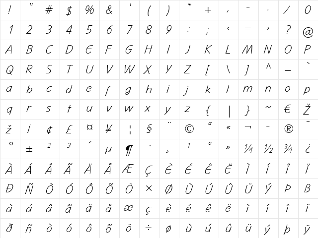 Mano LT Light Regular  glyph index