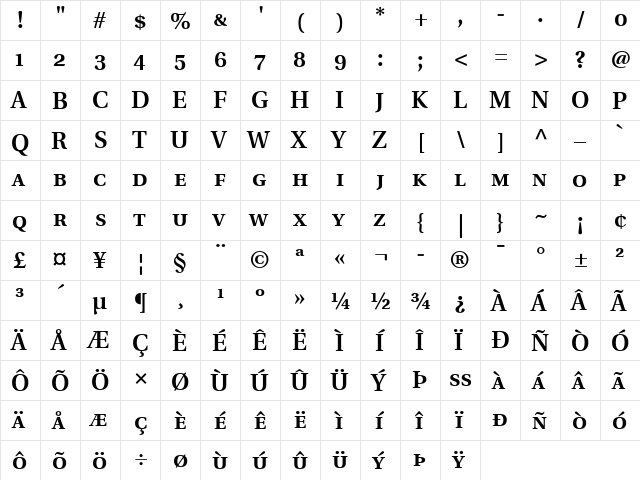 Utopia SC Bold  glyph index