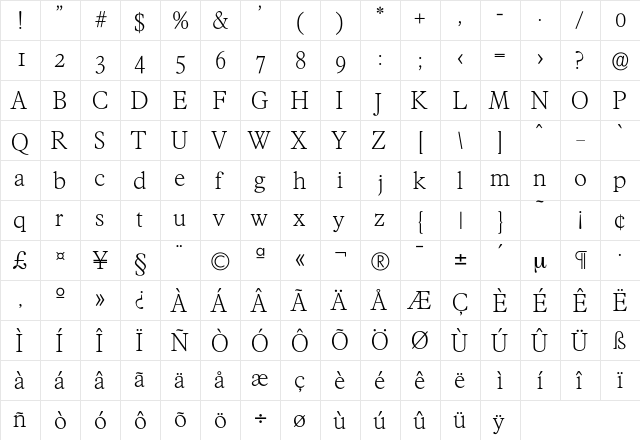 Francisco-Xlight Regular  glyph index
