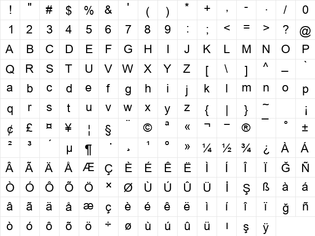 TR Arial Regular  glyph index