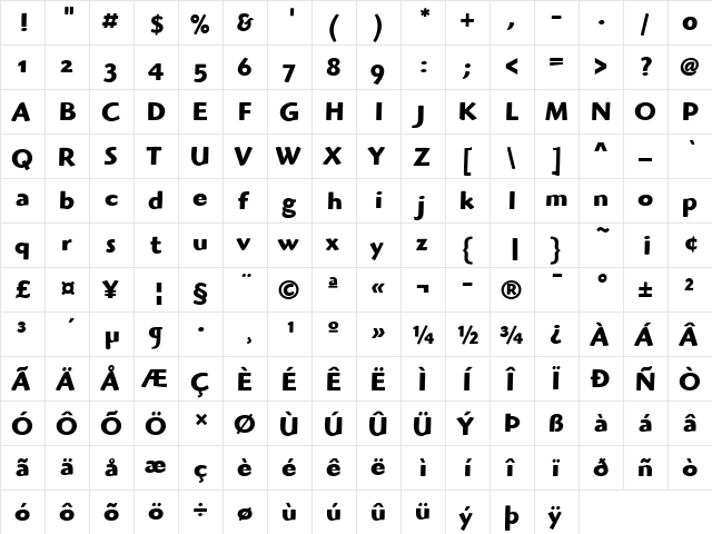 Highlander ITC Bold  glyph index