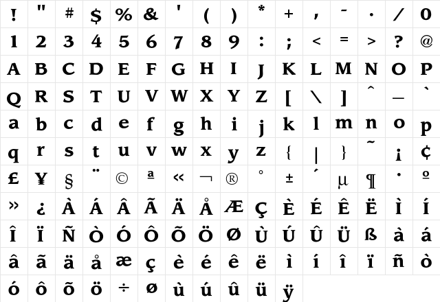 Leawood Bold  glyph index