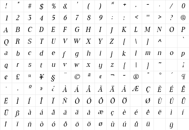 Toledo Italic  glyph index