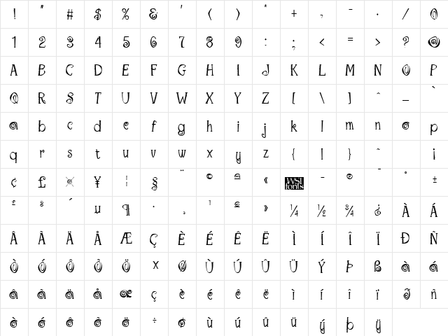 Maraca Regular  glyph index