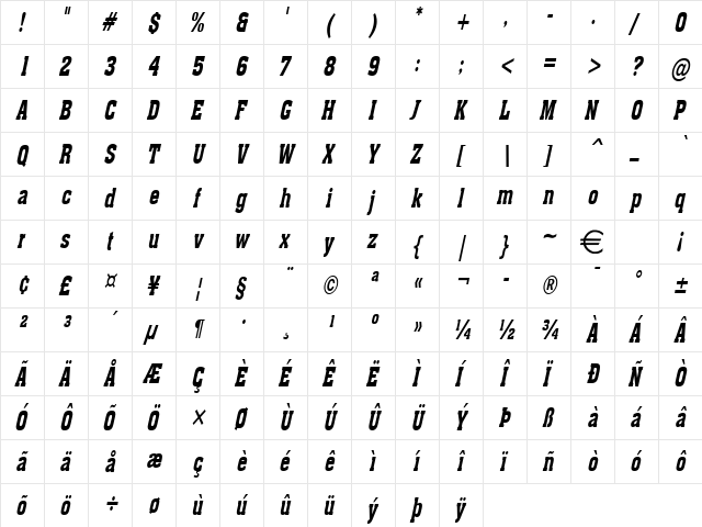 AcheThin BoldItalic  glyph index