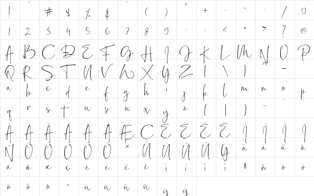 Bollivia Rosilla Script Regular  glyph index