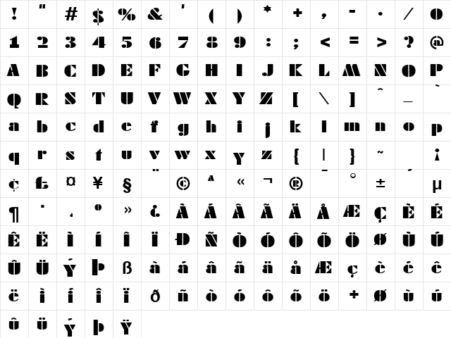 Block Regular  glyph index