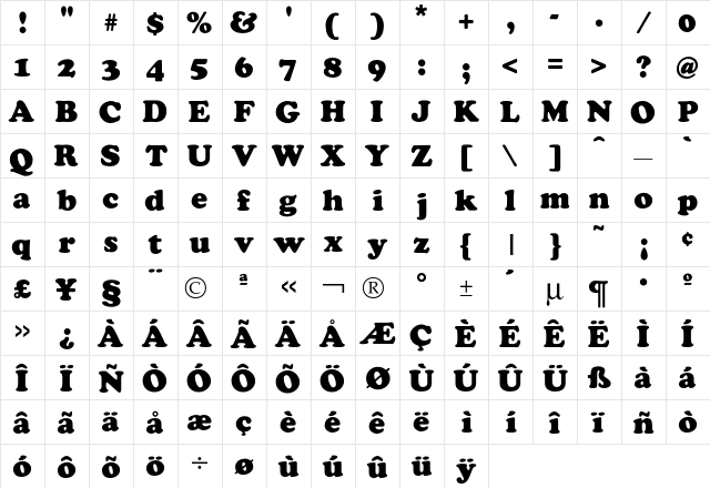 Cooper BlackFont  glyph index