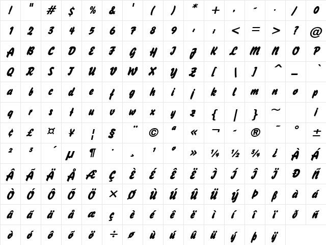 Brush Stroke 26 BoldItalic  glyph index